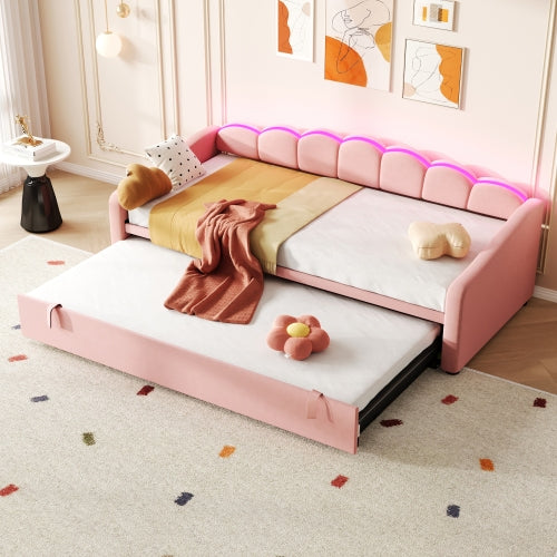Upholstered Bed 90x190cm, Daybed, Sofa Bed With RGB LED Lighting, 3ft Petal Shape Single Bed With Trundle,Pull Out Trundle Bed For Living Room Bedroom Study Room, Velvet,