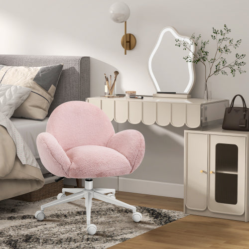 HOMCOM Makeup Vanity Chair, Cute Fluffy Desk Chair With Rolling Wheels For Bedroom Living Room