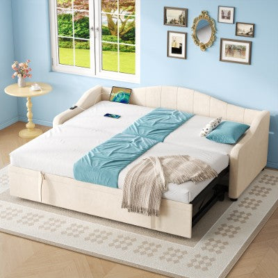 Upholstered Bed 90x190cm, Daybed, Sofa Bed With Charging Station, 3ft Single Velvet Bed With USB And Type - C Ports, Pull Out Trundle Bed For Living Room Bedroom Study Room, Beige No Mattress