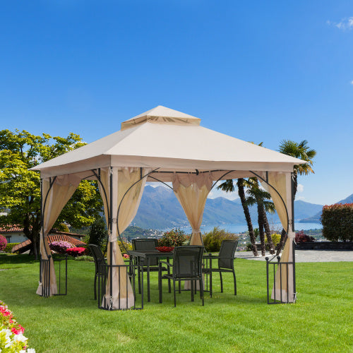 Outsunny 3 X3m Garden Gazebo Patio Party Tent Shelter Outdoor Canopy Double Tier Sun Shade Metal Frame Netting, Beige